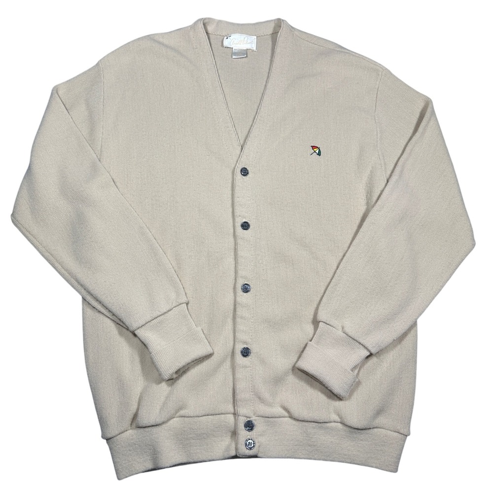 VTG 80s Arnold Palmer Cardigan Sweater XL Tan Stitched Umbrella Made‎ in USA